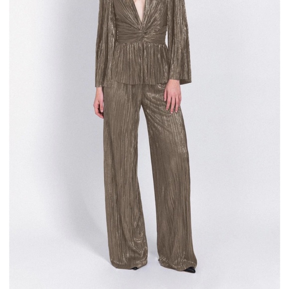 SABINA MUSAYEV Gold Metallic Plisse Pleated Tom Wide Leg Pants Small NWT - Picture 3 of 12